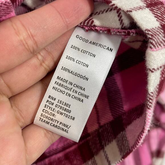 NEW Good American Cropped Shirt Women's Plus Size 5 (2X) Pink Plaid Pockets - Picture 6 of 8